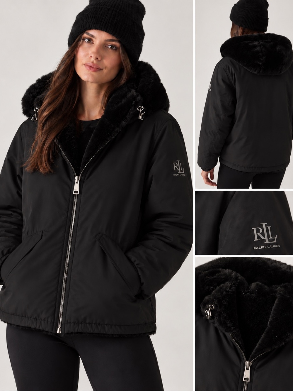 17. Lauren Ralph Lauren • Black Hooded Bomber Jacket W Faux Fur PTP 21”